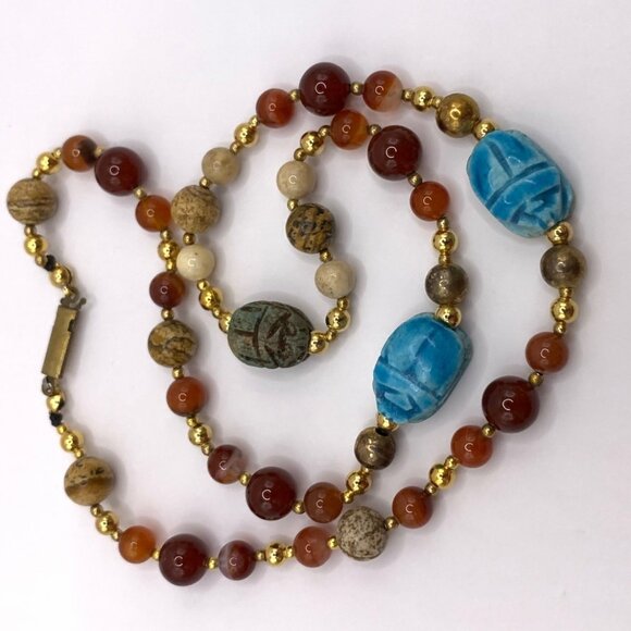 Carnelian Jasper Aqua Scarab Vintage Handmade Beaded Necklace J699 - Picture 6 of 11